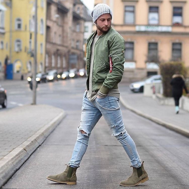 jeans støvler bær herresko street wear bomber jakke chelsea støvler grøn