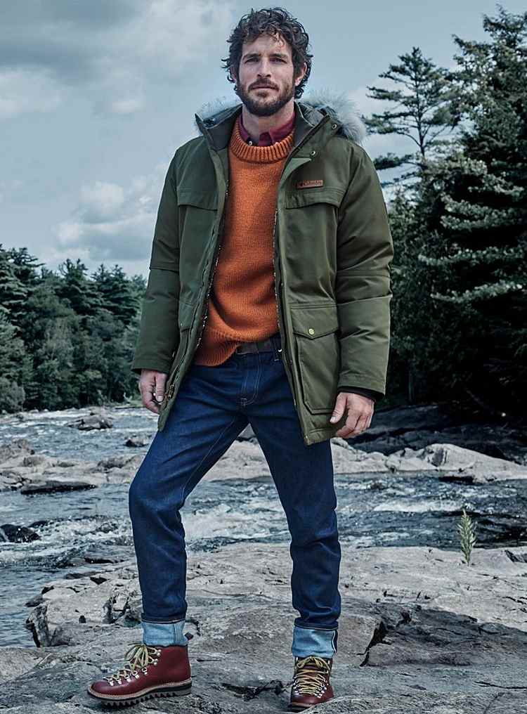 herresko, hvordan man bærer bjergstøvler med jeans kombinerer vandresko vinterjakke sweater orange natur