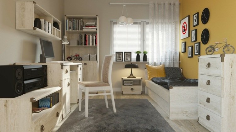 Ungdomsværelse hvidt og gult som en idé til et lille værelse