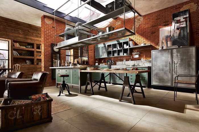 Loft-stil kök-vardagsrum interiör