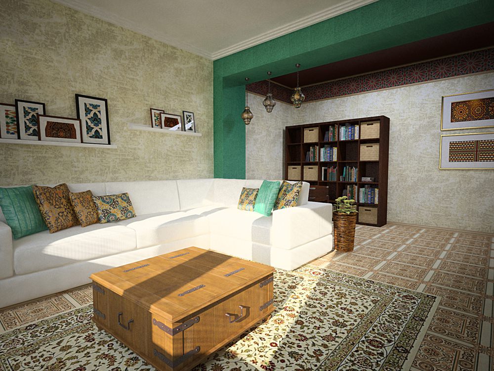 Marokkolainen valkoinen sohva olohuoneessa