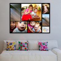 Panel med färgfotografier av barn på väggen i vardagsrummet