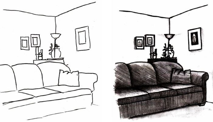 Un exemplu de canapea desenată în designul unei camere