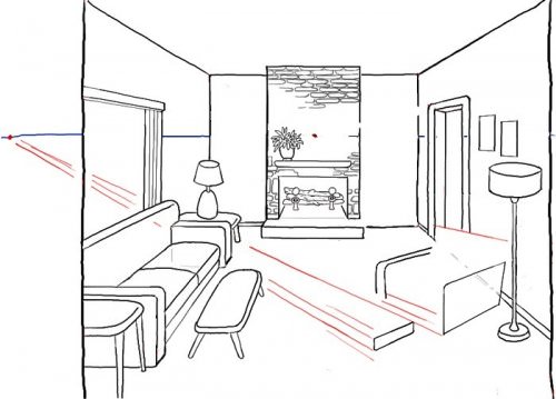 Kreslenie interiéru miestnosti pomocou dvoch východiskových bodov
