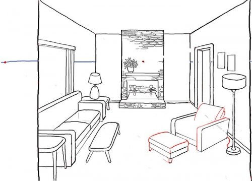 Náčrt dizajnu obývacej izby v čiernej a bielej farbe
