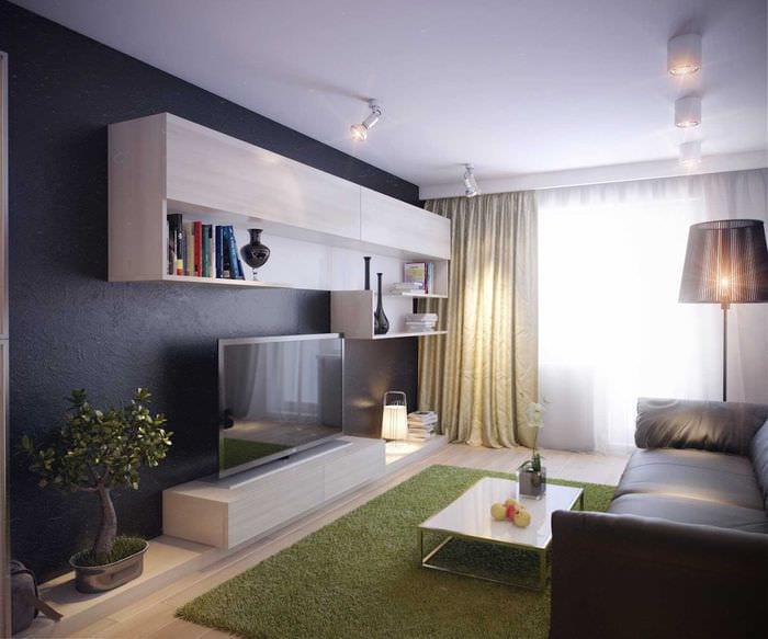 myšlienka moderného interiéru obývačky s rozlohou 17 metrov štvorcových