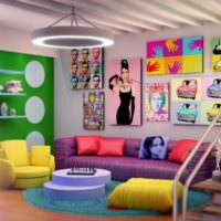 Obývacia izba so svetlými vankúšmi v štýle pop art