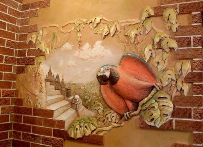 Trojrozmerný obraz s papagájom na stene chodby