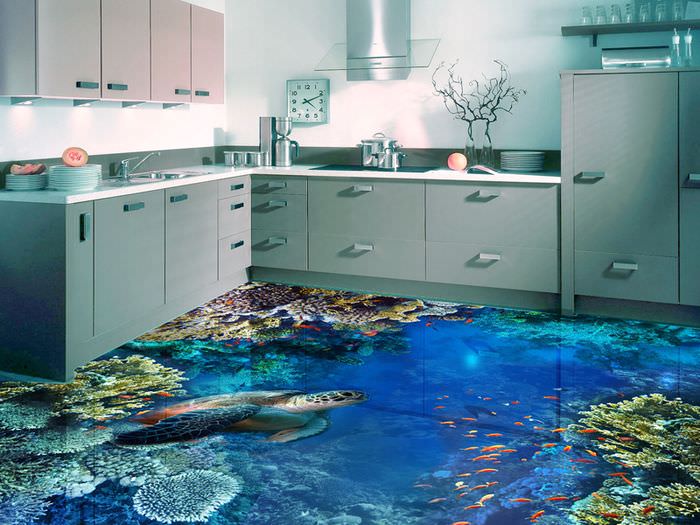 Interiör i ett modernt kök med självutjämnande golv