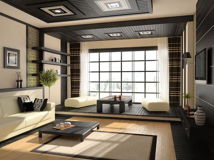 Obývací pokoj soukromého domu ve stylu japonského minimalismu