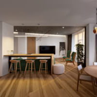 Dřevo v interiéru moderní kuchyně-obývací pokoj