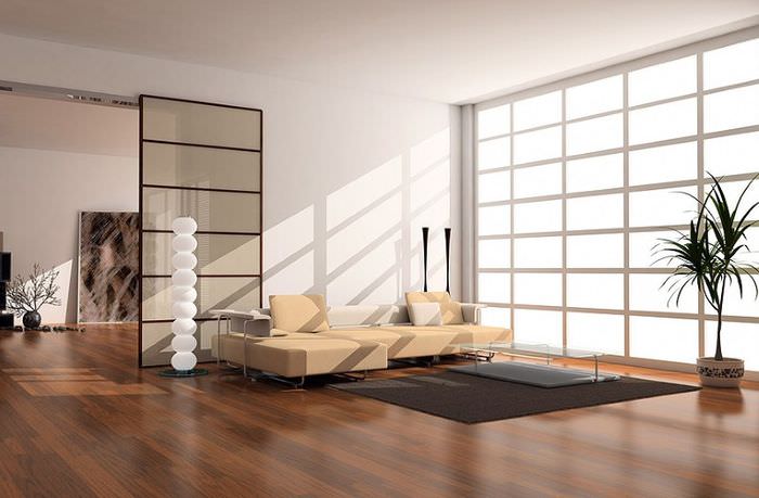 Interiér prostorného obývacího pokoje soukromého domu ve stylu minimalismu