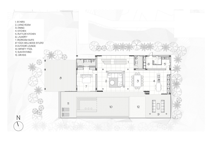 Grundplan for første sal terrasser swimmingpool