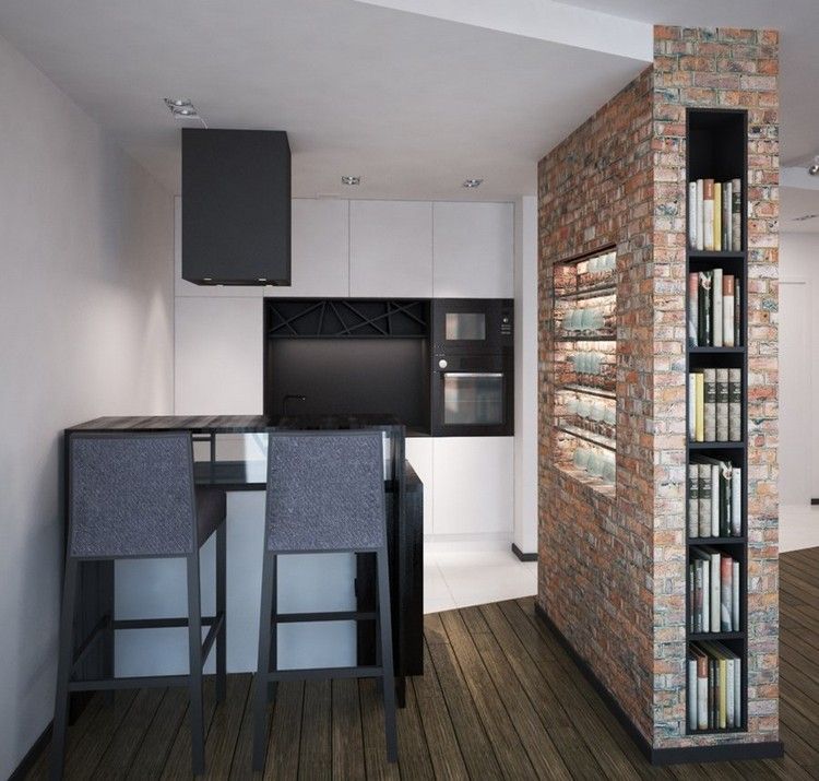 Køkken mod barstole-sort-hvid-skillevæg-væg-opbevaring-mursten-look
