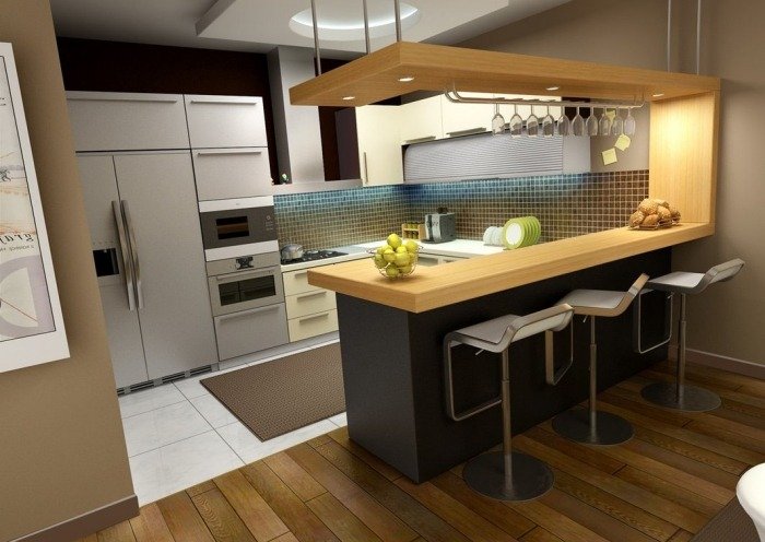 køkken design-u-form-køkken bord-træ-konstruktion-halogen-lys