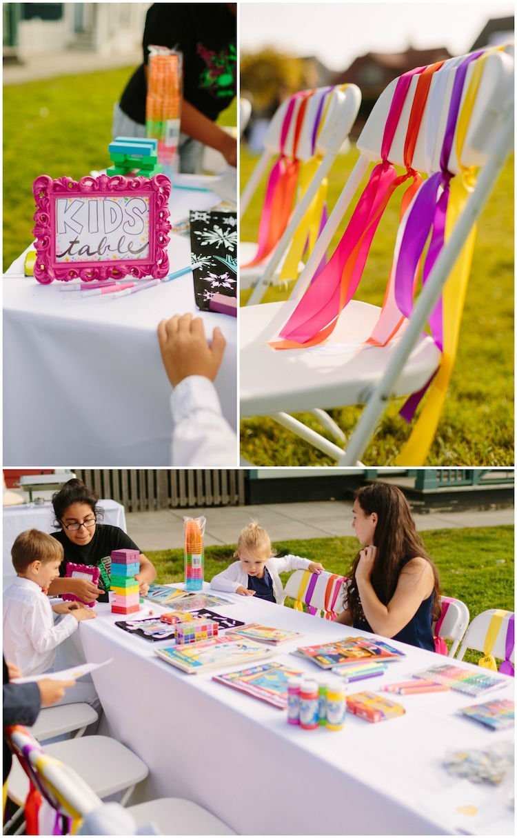smukke diy ideer børnebord bryllupsstole dekorere farverige sløjfebånd