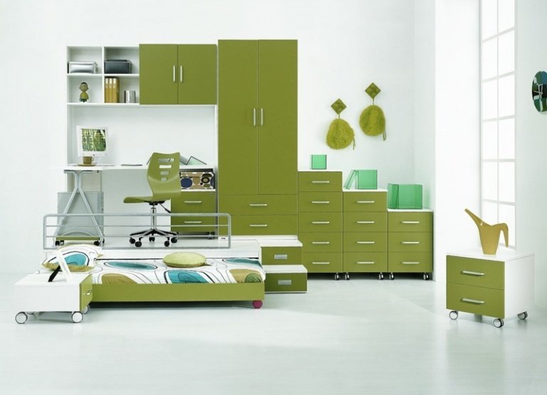 børneværelses design møbler oliven farve grøn garderobe