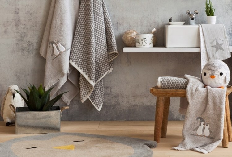 børns værelse-design-hjem-tilbehør-badeværelse-pingviner-grå-hjem tekstil-håndklæder