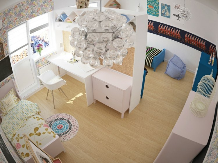 børneværelse legende design dobbeltværelse skillevæg blå pink lampe