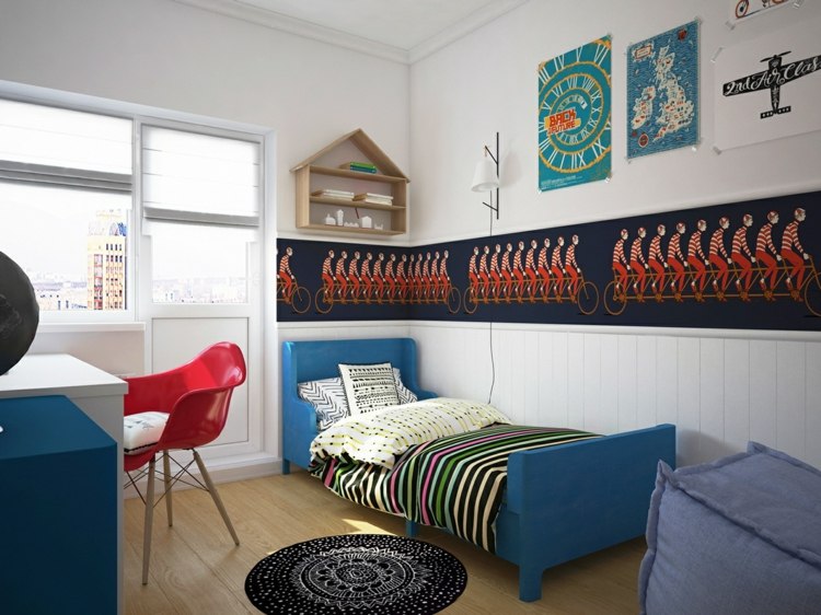 børneværelse legende design drenge blå seng stol rød hylde hus