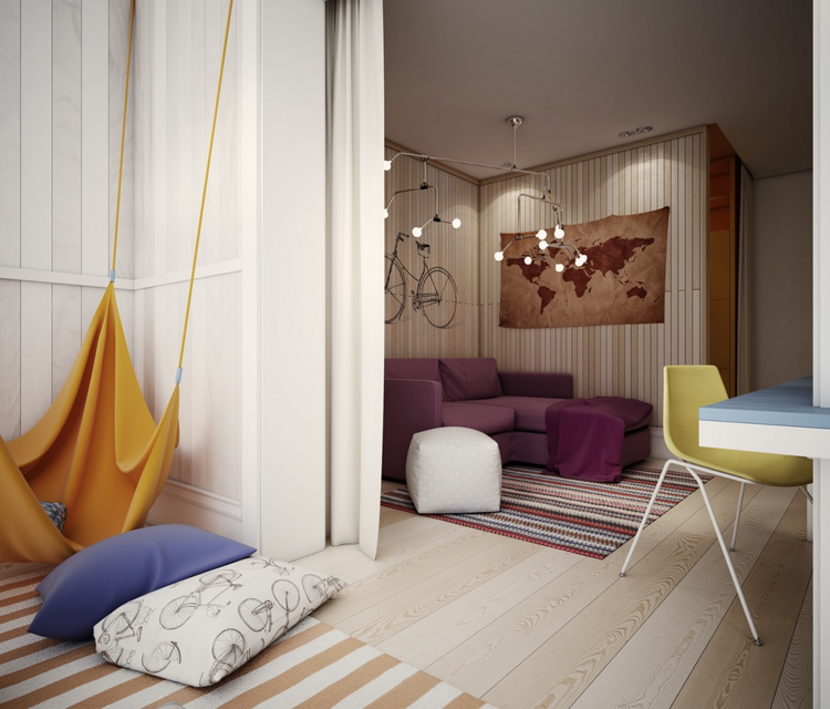 børneværelse legende design hængekøje tæppe striber siddeområde lilla sofa