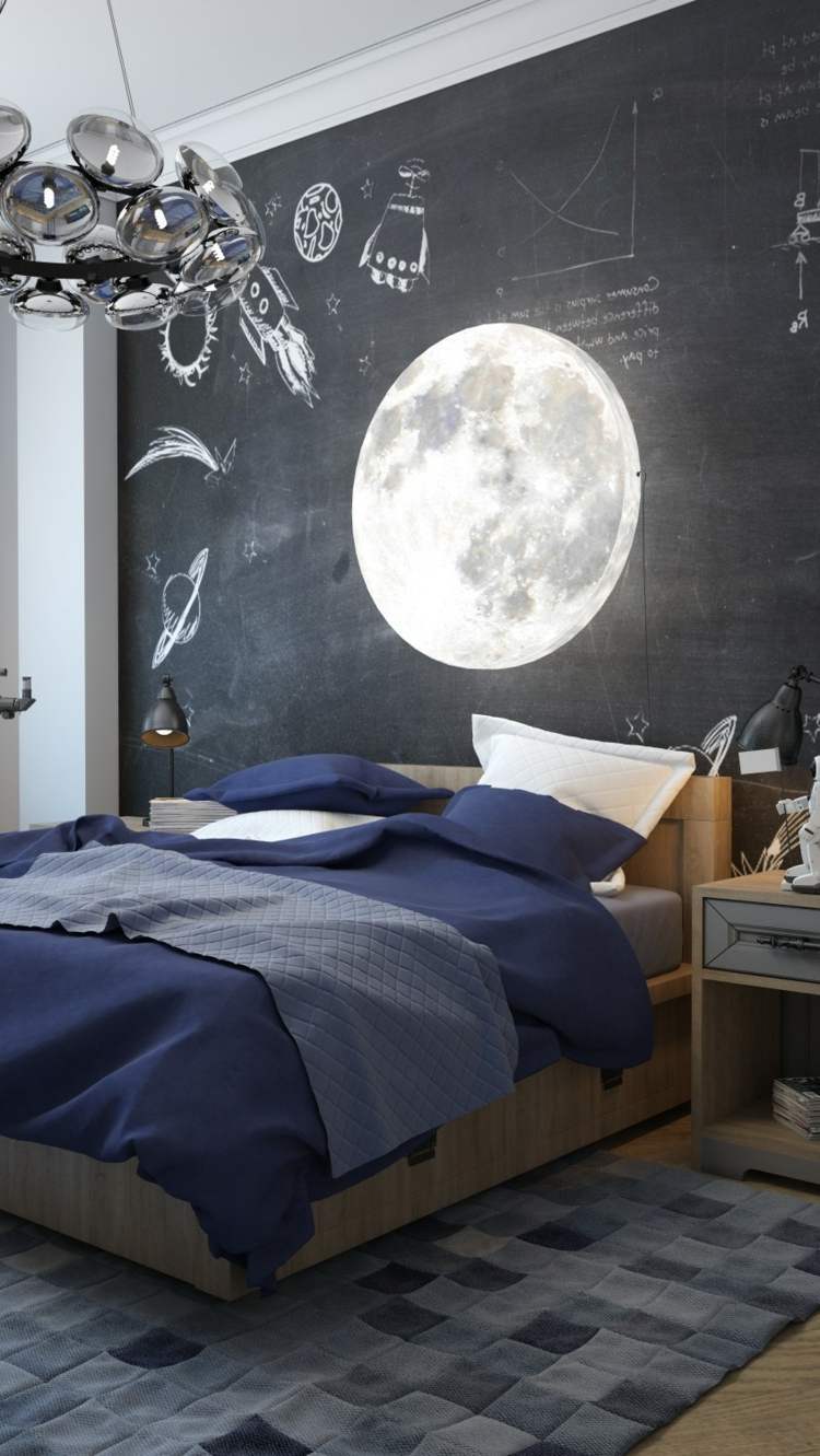 børneværelse med legende design tavle maling væg idé måne lampe seng