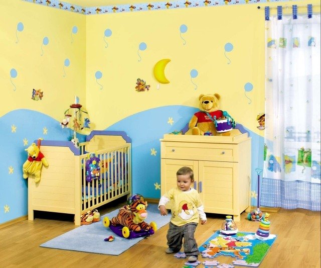 børneværelse-vægge-design-ideer-stenciler-gul-blå