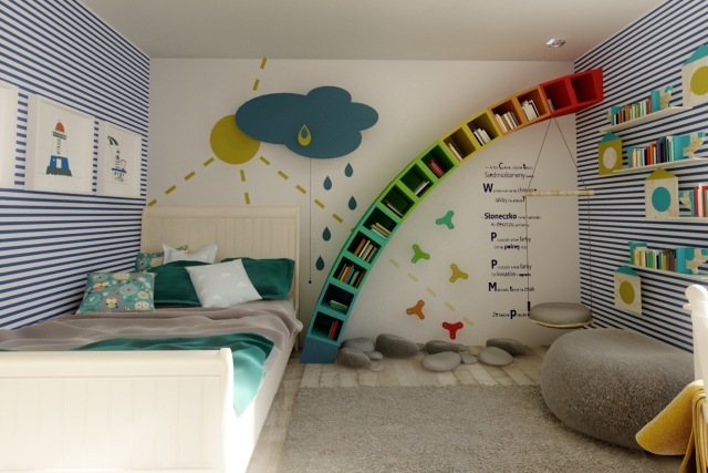 børns værelse-vægge-design-ideer-drenge-regnbue-hylder-striber-sol-regn-sky