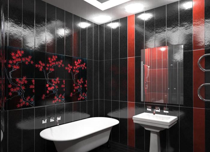 Čierne dlaždice v čínskom štýle na stene kúpeľne