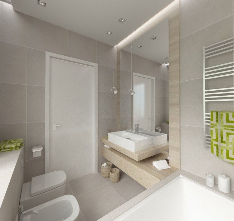 Lille badeværelse til en wellness-oase silke-grå-flise-elementer-lys-træ-led-strips