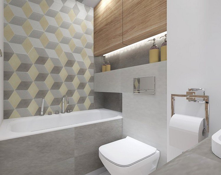 Lille-badeværelse-wellness-oase-grå-fliser-sten-look-pastel-gule-accenter-led-strimler-treskab