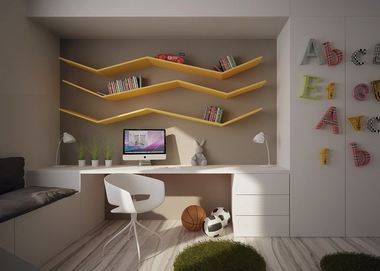 Små børneværelses-værelse-design-ungdomsværelse-moderne-gule-væg-hylder-hvide-møbler