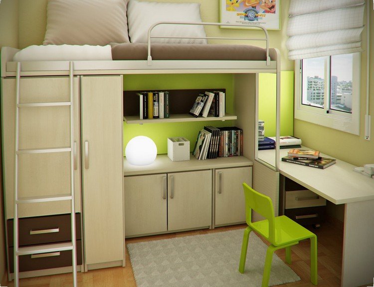 lille-børneværelse-interiør-design-loft seng-garderobe-grøn-væg-maling