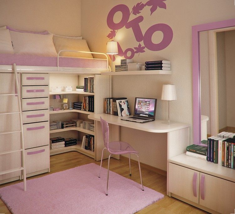 lille-børneværelse-interiør-design-pige-loft seng-garderobe-skrivebord
