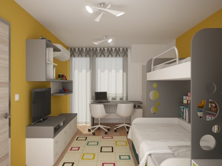 lille børns værelse gul væg farve grå møbler loft seng væg enhed