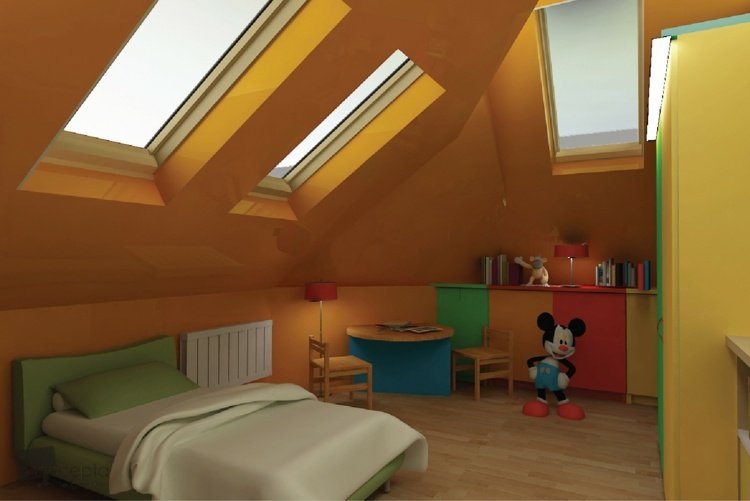 lille børneværelse skråt tag orange væg design grøn seng