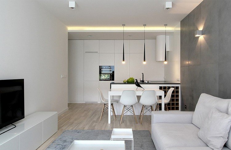 Lille stue-spisestue opsat grå-hvidt-trægulv-ledet-indirekte-loftsbelysning