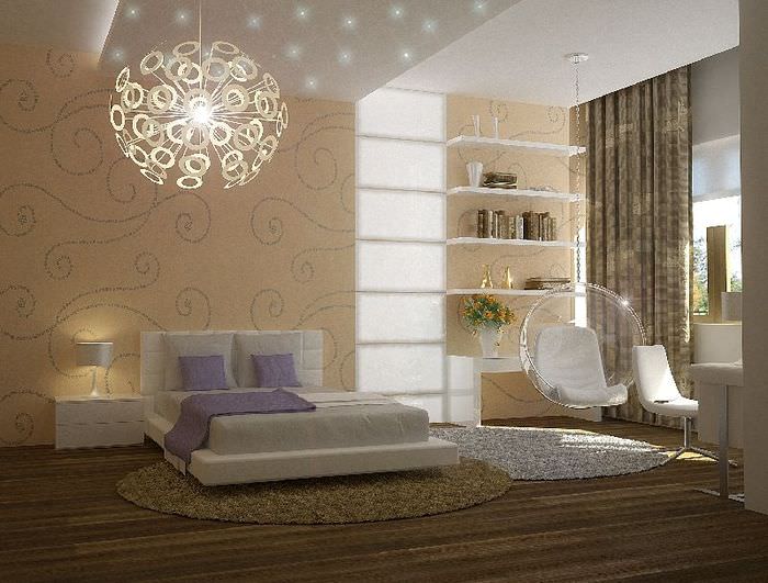 Dekorativ taklampa i sovrummet i en stadslägenhet