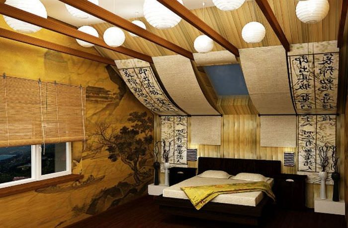 Interiör i ett litet sovrum i orientalisk stil