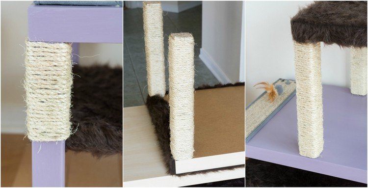 Byg dit eget kattetræ fra borde med fødder pakket ind i sisal