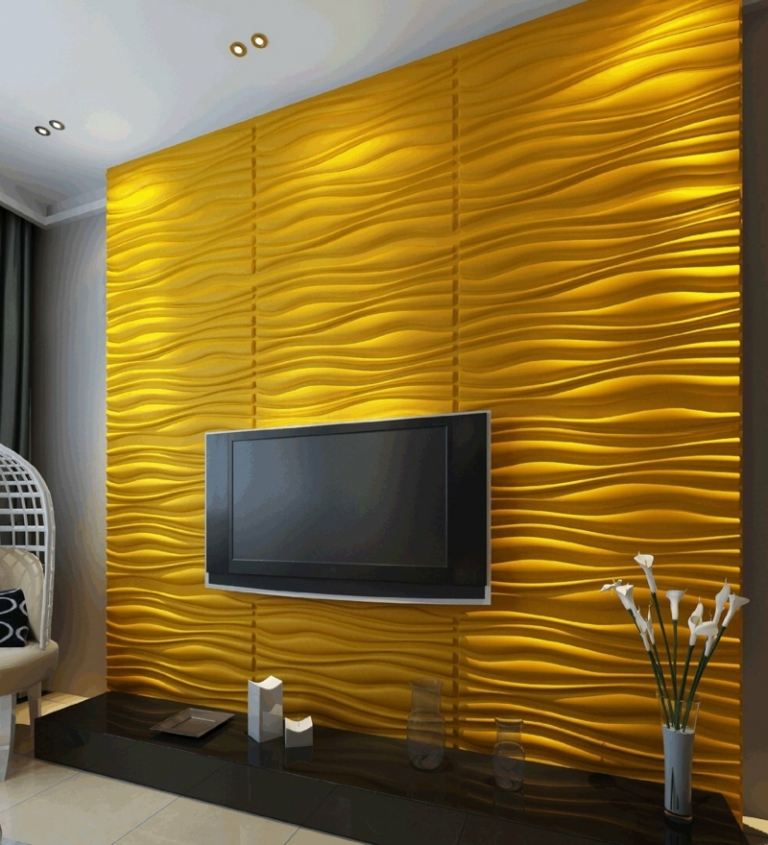 vægdesign i stuen 3d bølgemønster gul design lowboard
