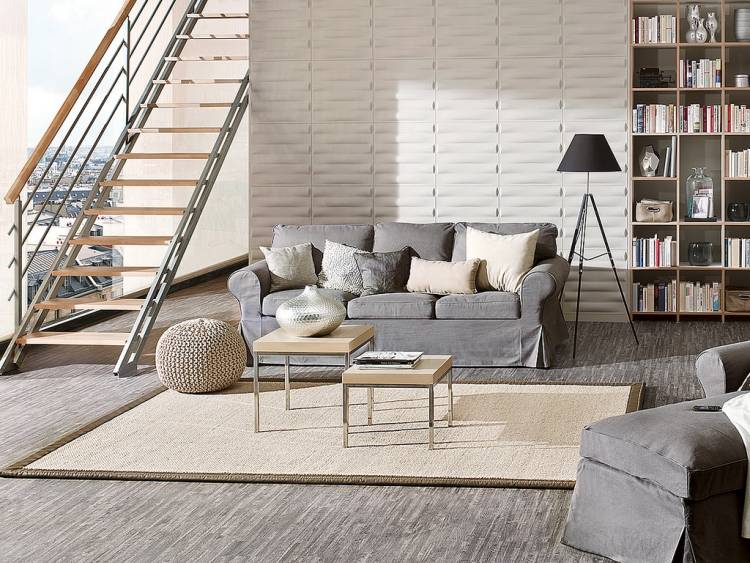 vægdesign-stue-3d-væg-paneler-hvid-grå-gulv-sofaer