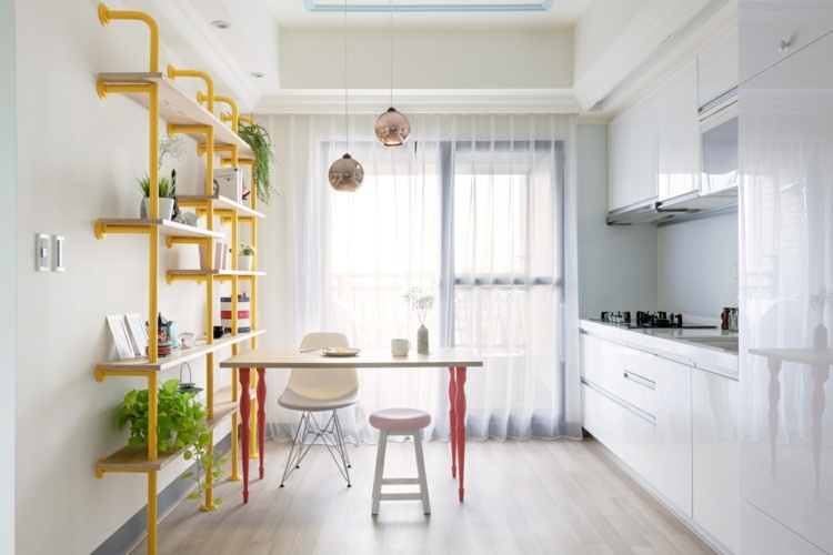 kreative levende ideer industriel stil gule rør køkken spiseplads