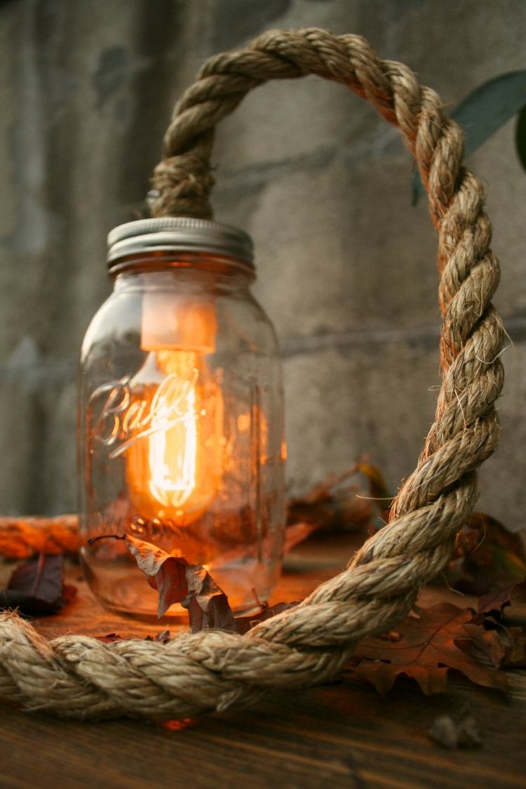 hjem ideer kreativ rustik idé mason jar lampe reb snor