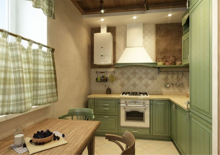 Interiør i et moderne køkken i landlig stil med gasfyr