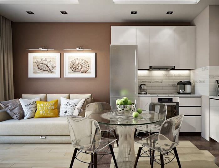 Transparenta möbler i det inre av köket-vardagsrummet med en yta på 18 kvm
