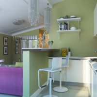 Kombinácia zelenej s fialovou v obývačke v kuchyni