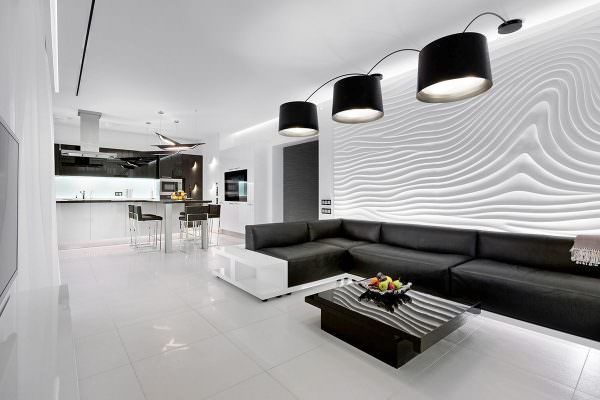 A csúcstechnológiás konyha-nappalihoz ideálisak a fehér vagy bézs alapon fekete vagy szürke minták.
