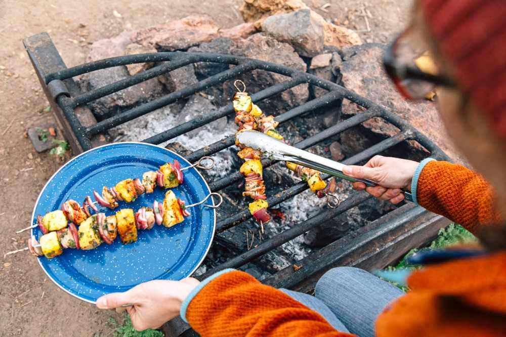 Madlavning grill kødspyd med ananas og kylling lækkert, mens du camperer