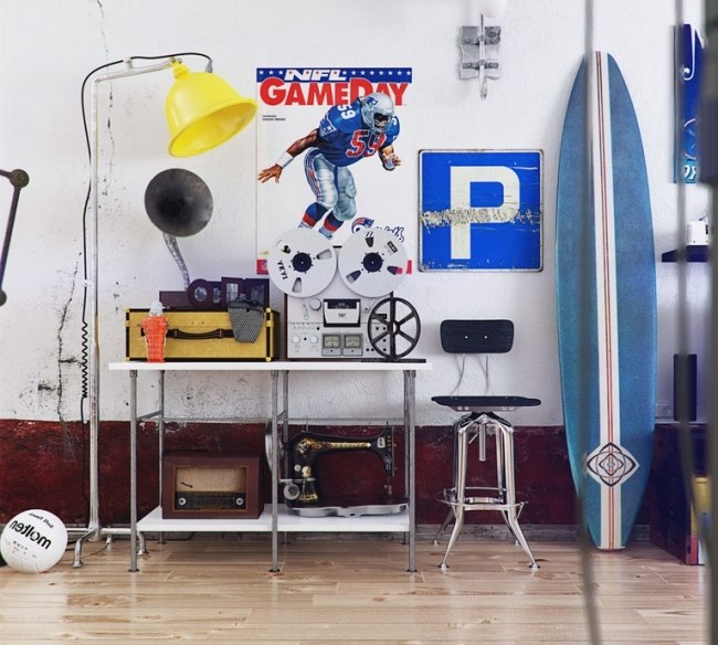 Dekoration industriel chic retro-vintage pop-art pladespillere surfbræt udsendelsesenheder